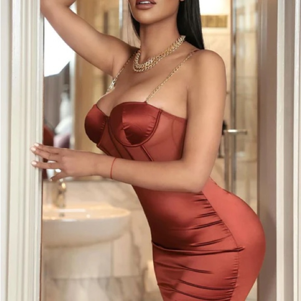Fashion Nova Sexy Satin Mini Rust Colored Dress - Picture 2 of 5